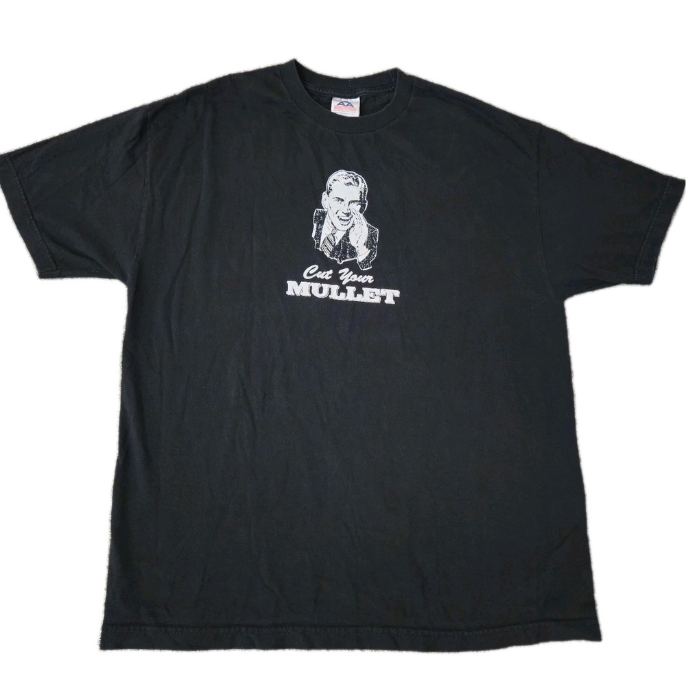 Vintage 2000s Cut Your Mullet T-Shirt Funny Size XL Black Comedy Alstyle